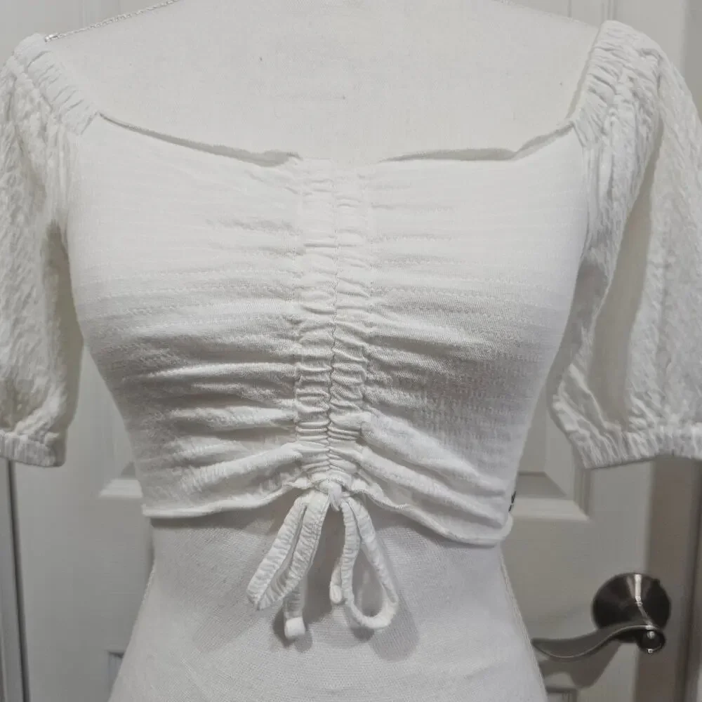 ROXY White Milkmaid Ruched Crop Top Puff Sleeve XS Cottagecore - Picture 2 of 8